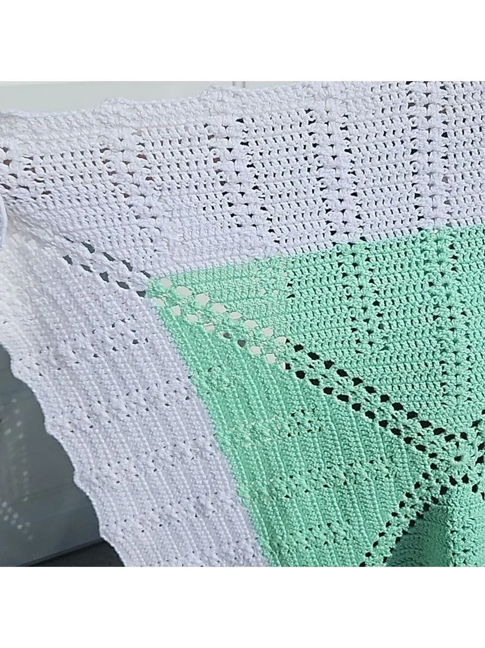 Handmade White Aqua Glitter Crochet Blanket Hand knit Grannycore Home Gifts 34